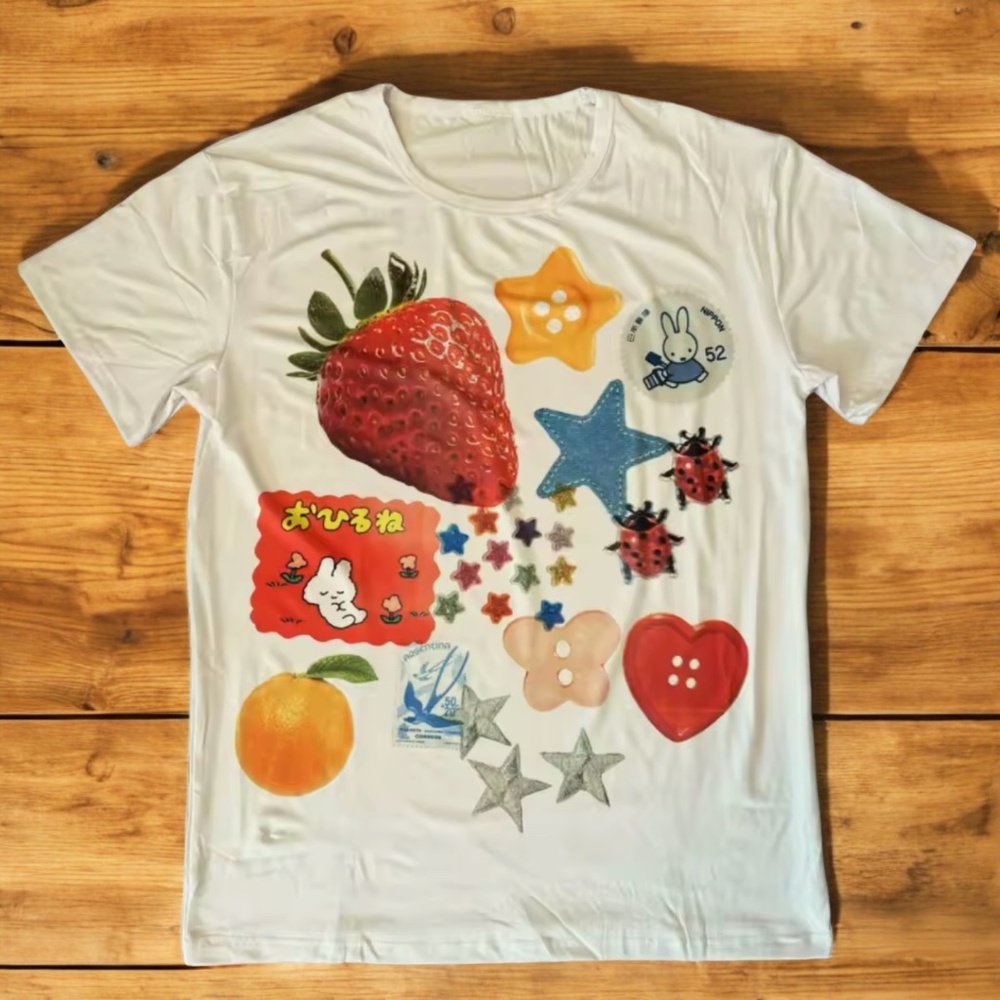 Kawaii Korean Strawberry & Ladybug Korean Stickers White T Shirt